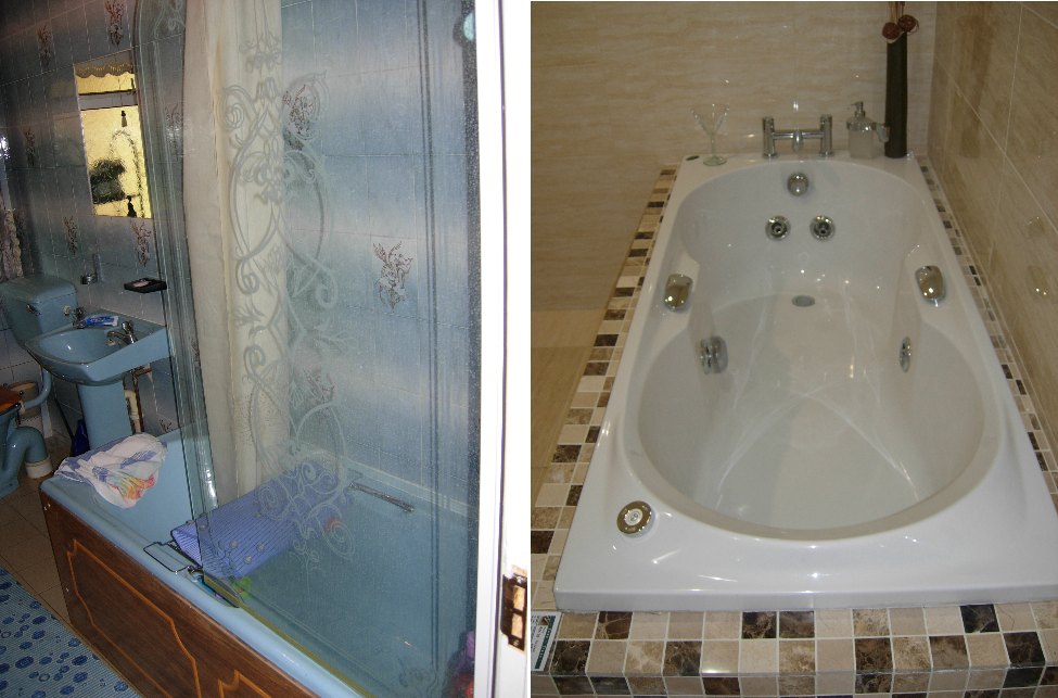 Before and after: an old shower screen, then a new whirlpool bath with mosaic tiles