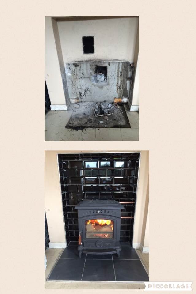 Before and after: an old fireplace opened up and fitted with a stove on a tiled hearth